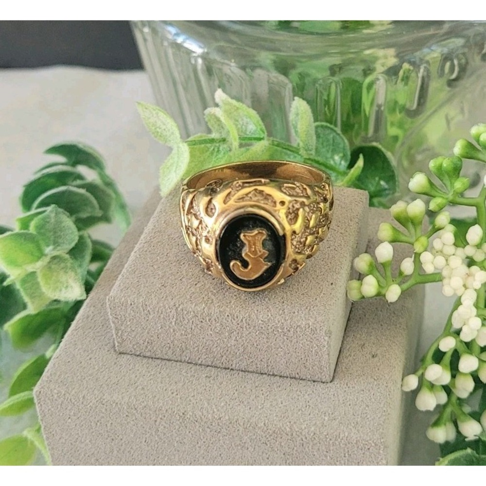 Gold Tone J Initial Signet Ring Black Enamel Ornate Statement Size 13